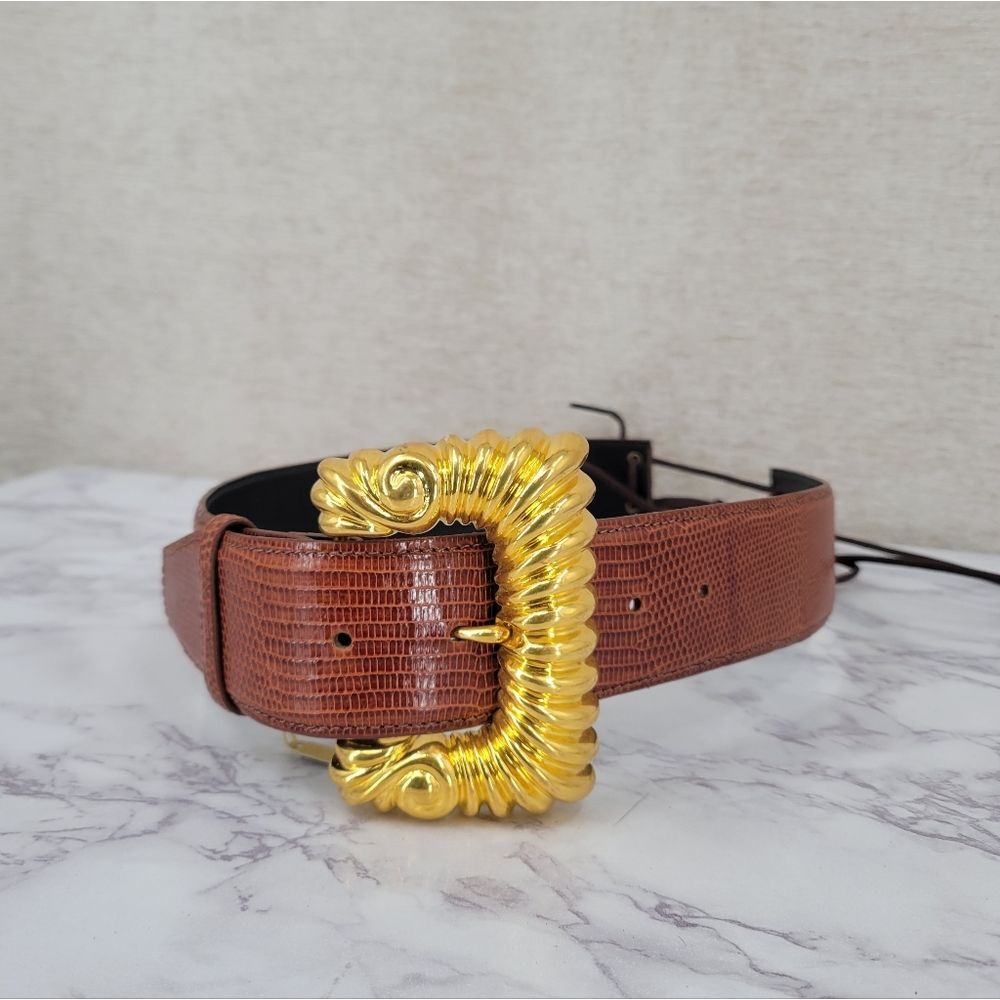 Kleinberg Sherrill Vintage Brown Lizard Embossed Leather Belt Gold Buckle